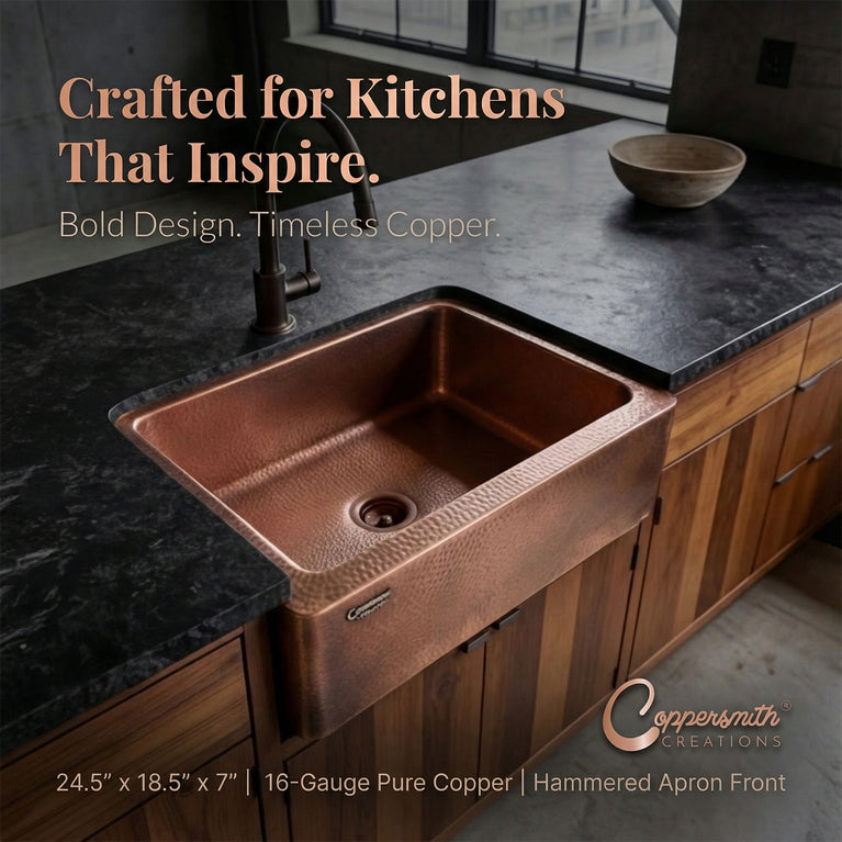 Copper Sink Hammered Front Apron 23.50 x 17.50 x 8 inch