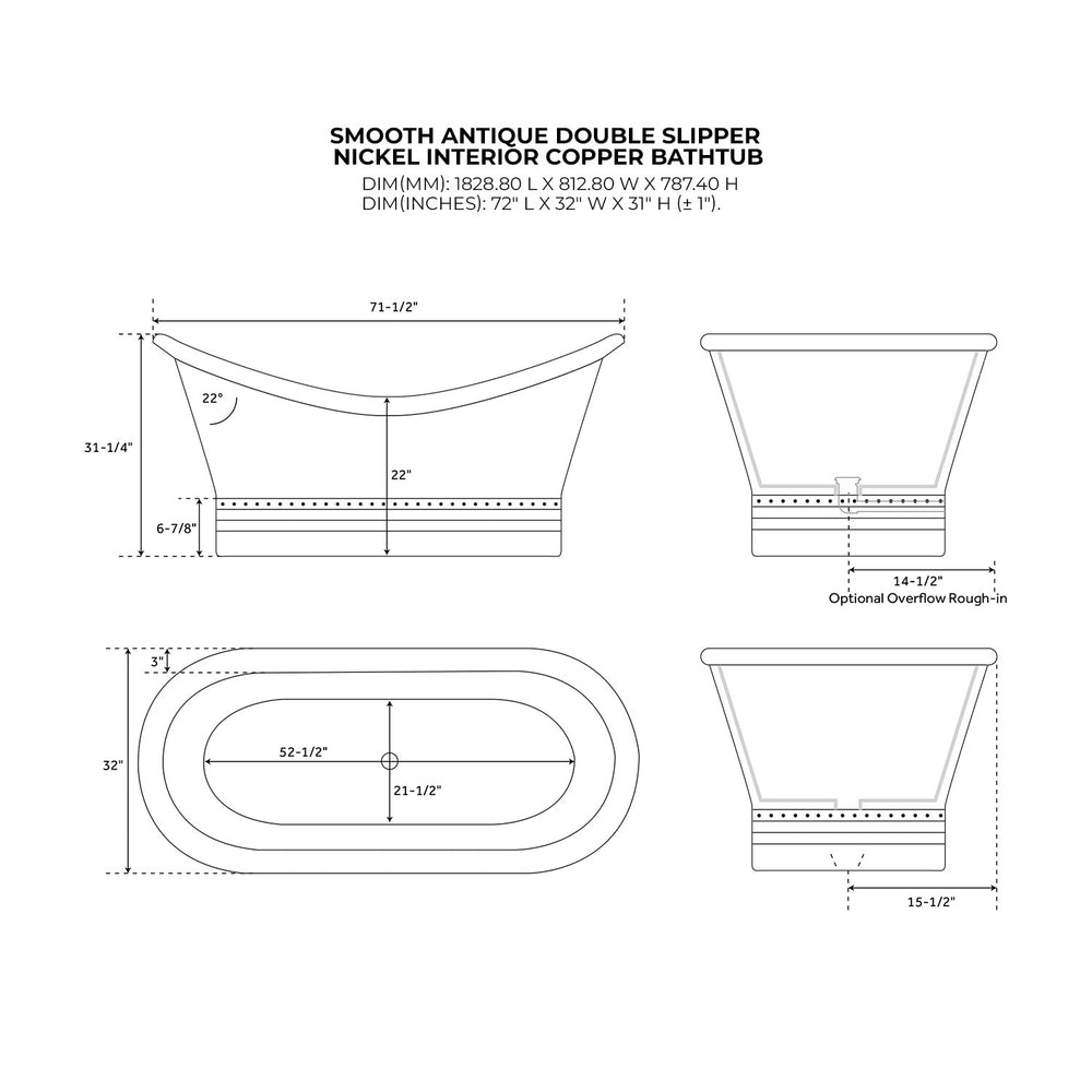 Ribbed Base Smooth Double Slipper Nickel Interior Copper Bathtub