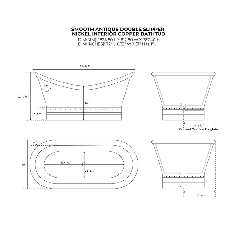 Ribbed Base Smooth Double Slipper Nickel Interior Copper Bathtub