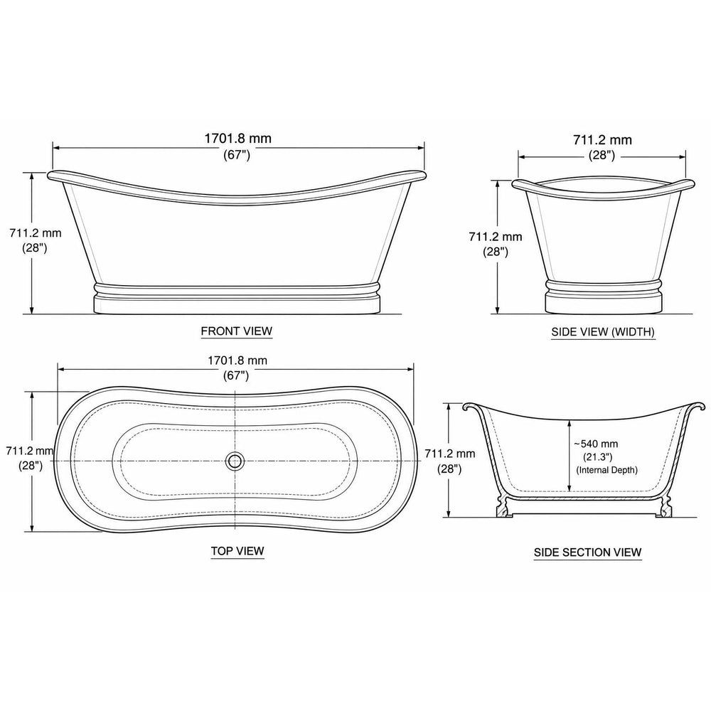 Flat Rim Freestanding Copper Bathtub Smooth Plain Medium Antique Finish Interior & Exterior