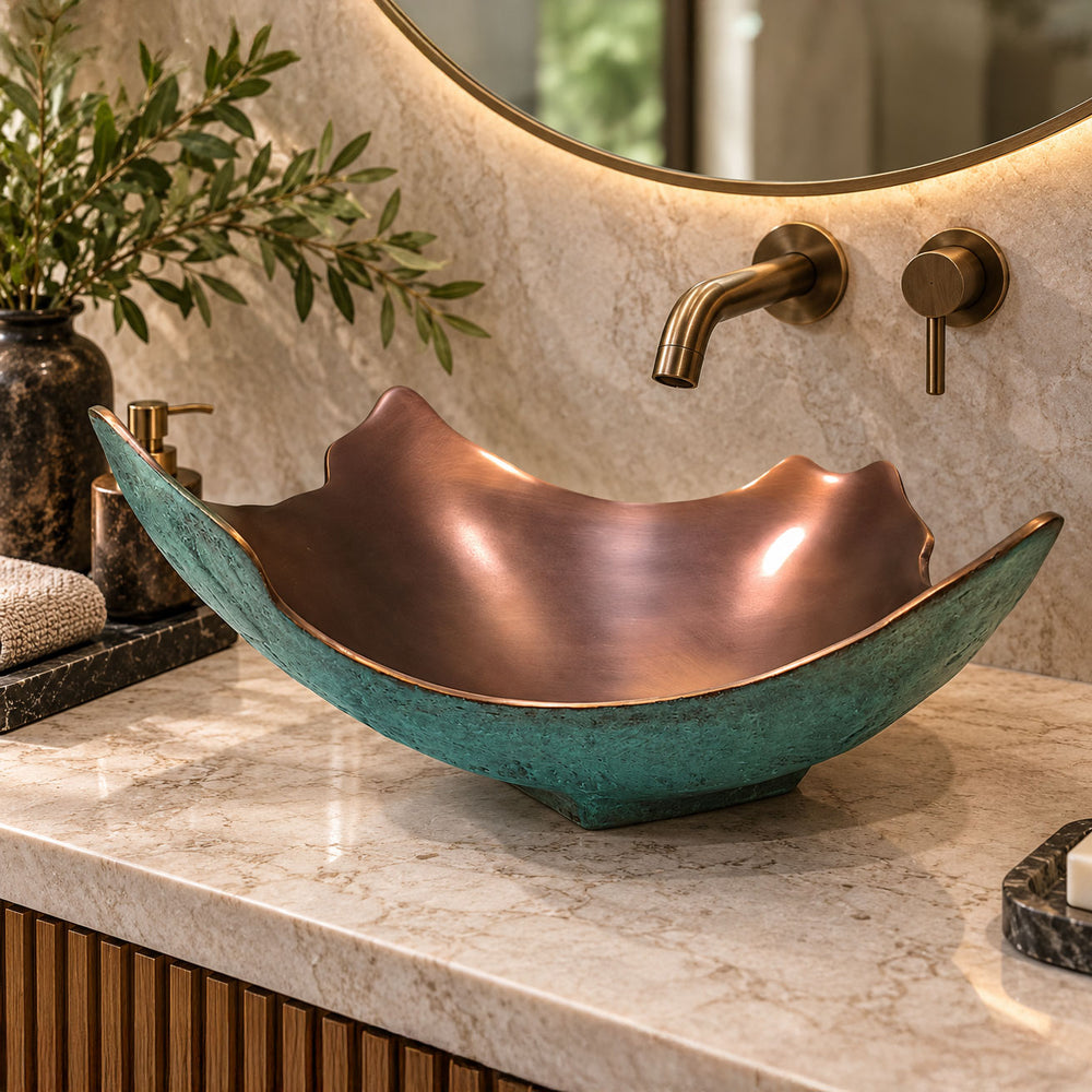 Broken Earthen Vessel Style Cast Bronze Sink Antique Finish Inside & Patina Outside