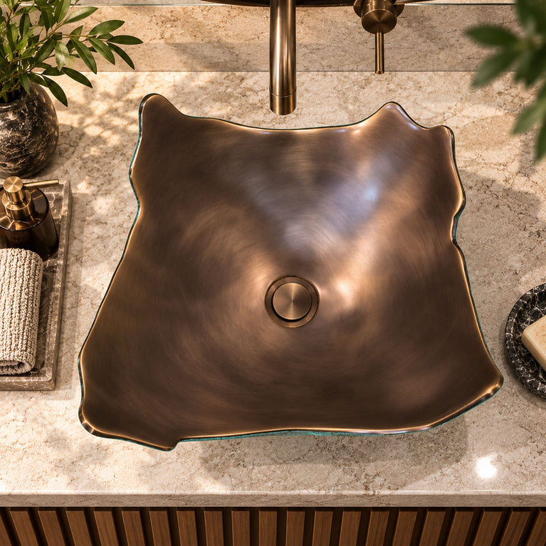 Broken Earthen Vessel Style Cast Bronze Sink Antique Finish Inside & Patina Outside