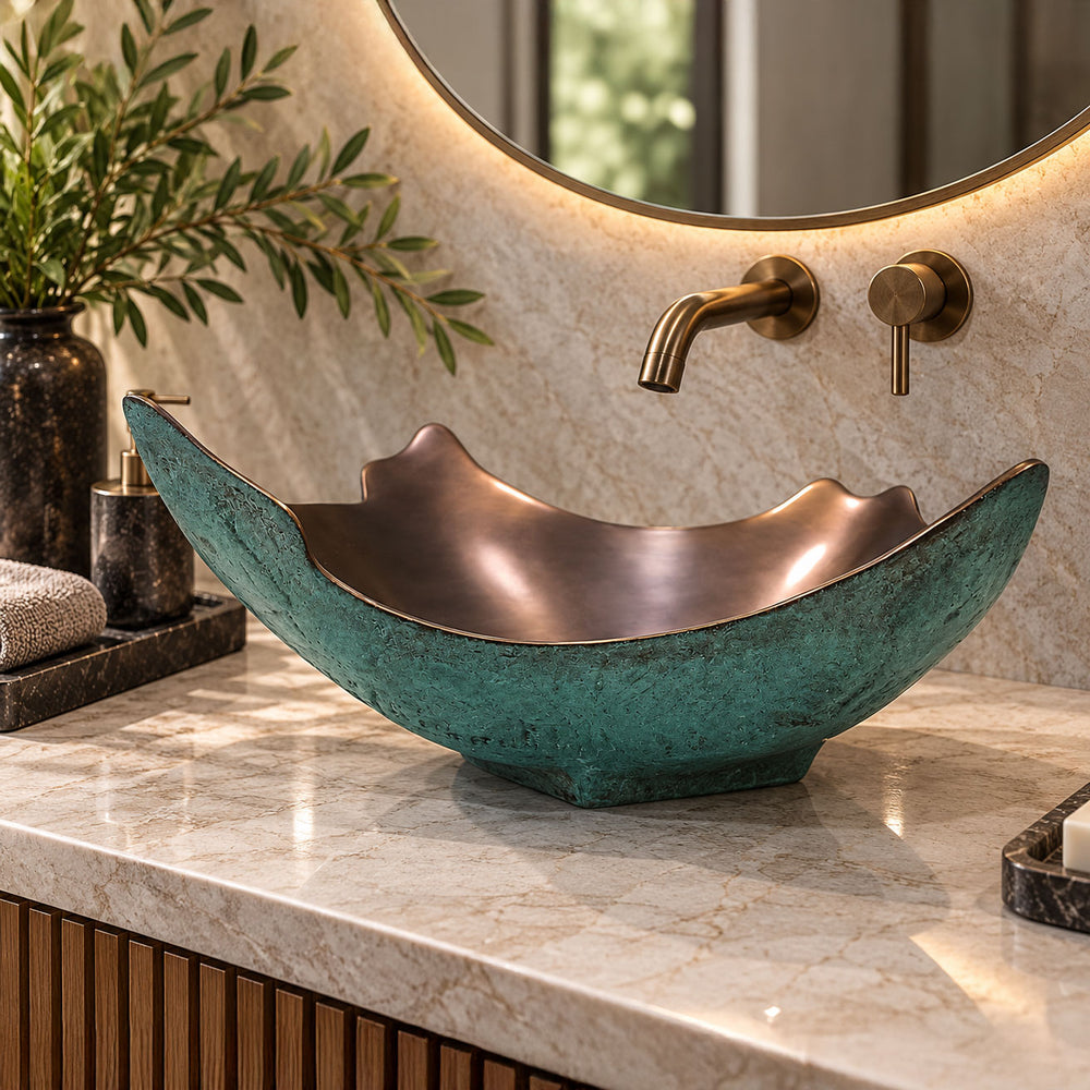 Broken Earthen Vessel Style Cast Bronze Sink Antique Finish Inside & Patina Outside