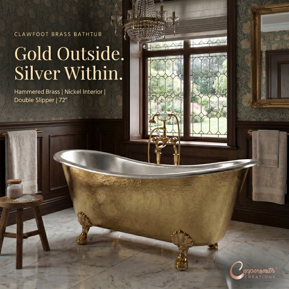 Clawfoot Brass Bathtub Hammered Brass Exterior & Nickel Interior