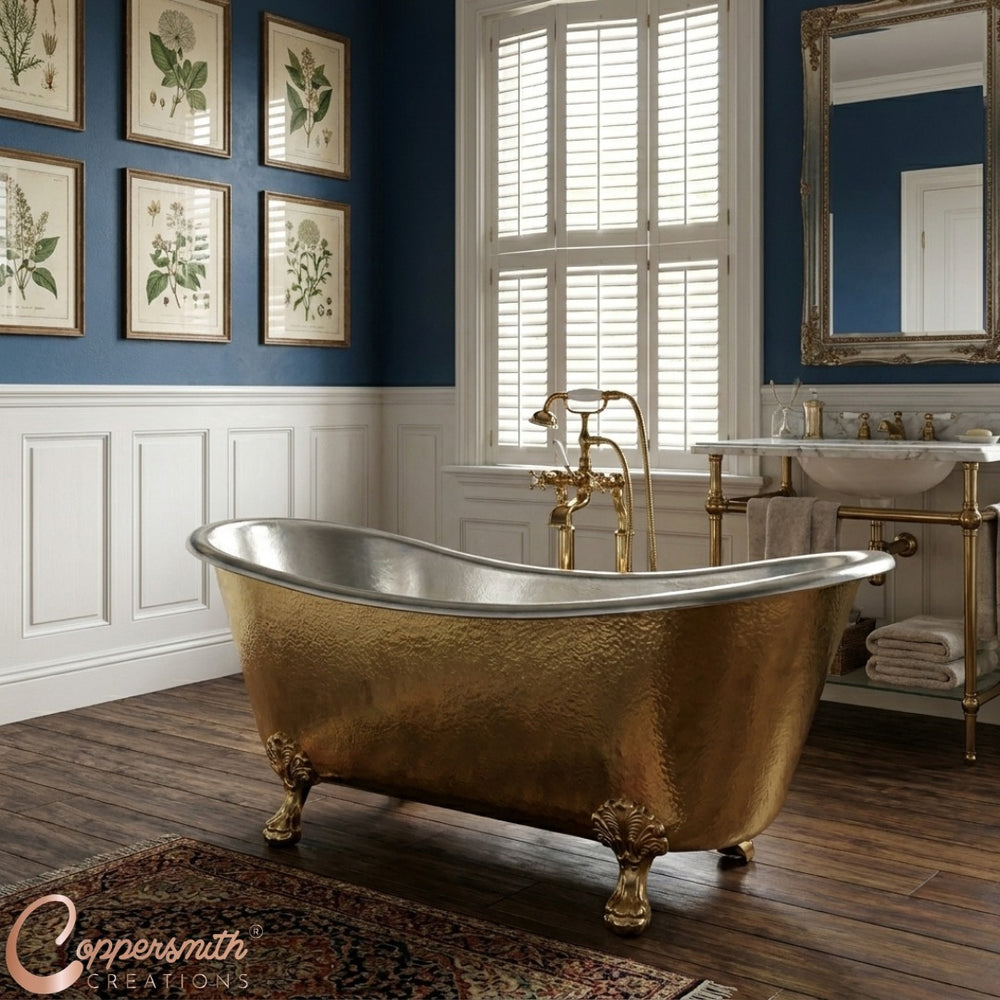 Clawfoot Brass Bathtub Hammered Brass Exterior & Nickel Interior