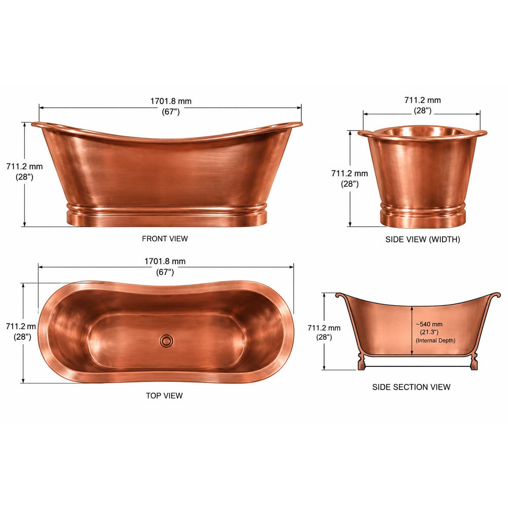 Flat Rim Freestanding Copper Bathtub Smooth Plain Medium Antique Finish Interior & Exterior