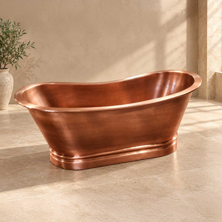 Flat Rim Freestanding Copper Bathtub Smooth Plain Medium Antique Finish Interior & Exterior