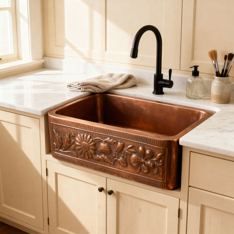Copper Farmhouse Sink Sunflower Front Apron