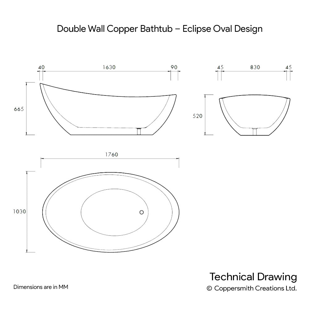 Double Wall Copper Bathtub Charcoal Black Antique – Eclipse Oval Design