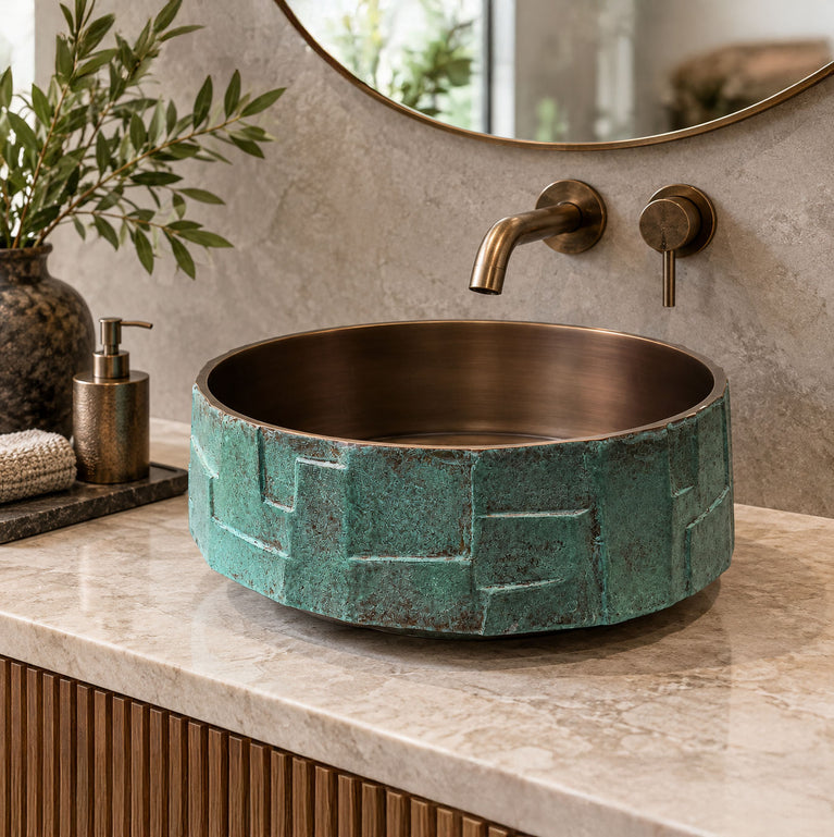 Handcrafted Geometric Relief Cast Bronze Sink with Antique Interior & Patina Exterior