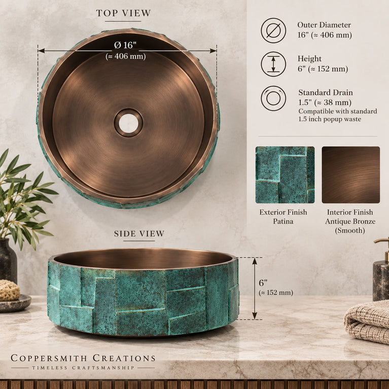 Handcrafted Geometric Relief Cast Bronze Sink with Antique Interior & Patina Exterior