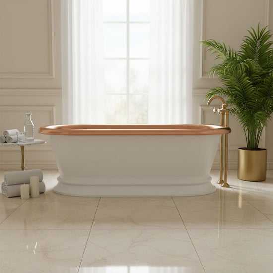 Pedestal Copper Bathtub White Powder Coated Exterior & Polished Copper Interior