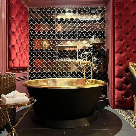 Round Brass Bathtub Matt Black Exterior & Polish Brass Interior