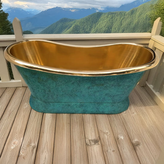 Slanting Base Brass Bathtub Polished Brass Inside & Patina Outside