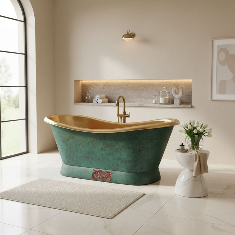 Slanting Base Brass Bathtub Polished Brass Inside & Patina Outside