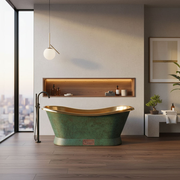 Slanting Base Brass Bathtub Polished Brass Inside & Patina Outside