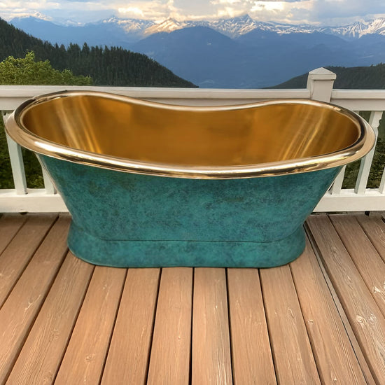 Slanting Base Brass Bathtub Polished Brass Inside & Patina Outside