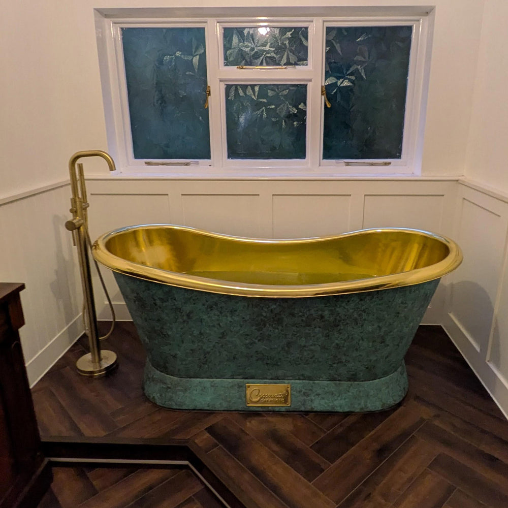 Slanting Base Brass Bathtub Polished Brass Inside & Patina Outside