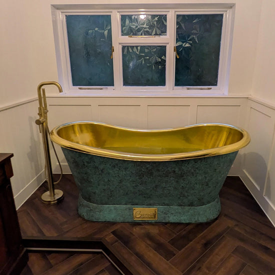 Slanting Base Brass Bathtub Polished Brass Inside & Patina Outside