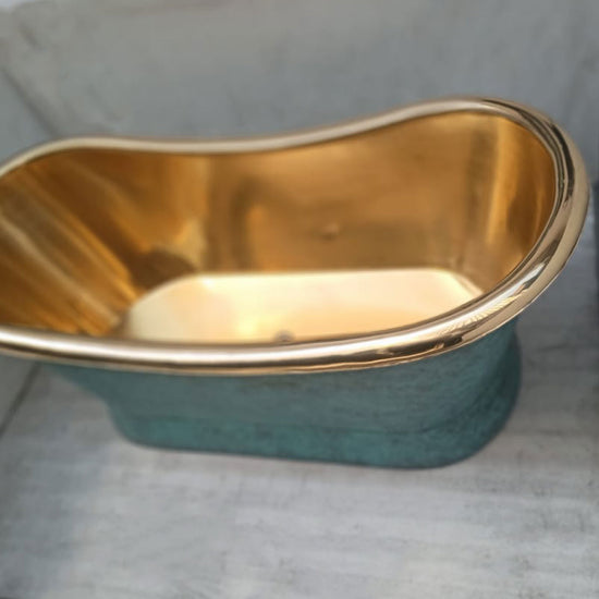 Slanting Base Brass Bathtub Polished Brass Inside & Patina Outside