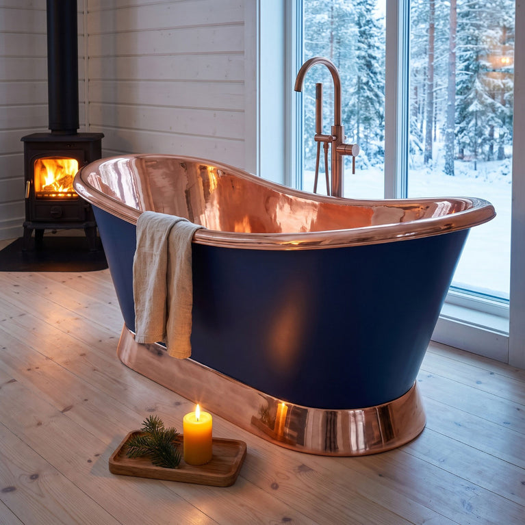 Slanting Base Copper Bathtub Copper Interior & on Base RAL5022 Night Blue Exterior