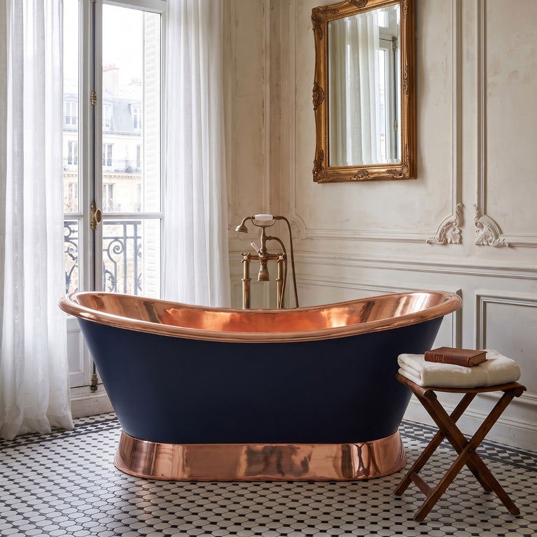Slanting Base Copper Bathtub Copper Interior & on Base RAL5022 Night Blue Exterior