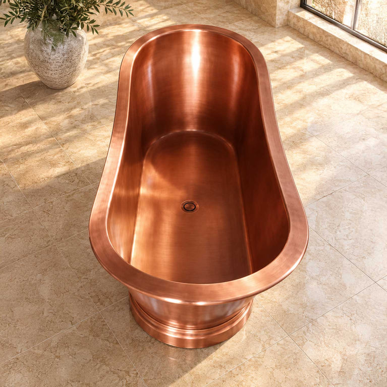 Flat Rim Freestanding Copper Bathtub Smooth Plain Medium Antique Finish Interior & Exterior