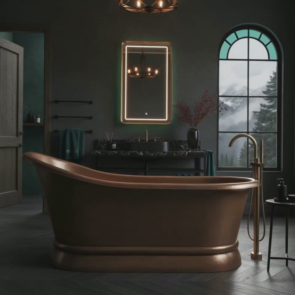 Hammered Copper Single Slipper Tub with Smooth Round Pedestal Base