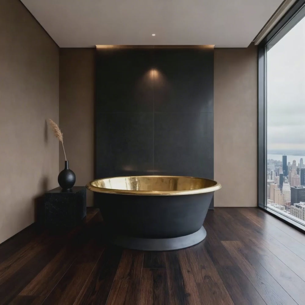 Round Brass Bathtub Matt Black Exterior & Polish Brass Interior
