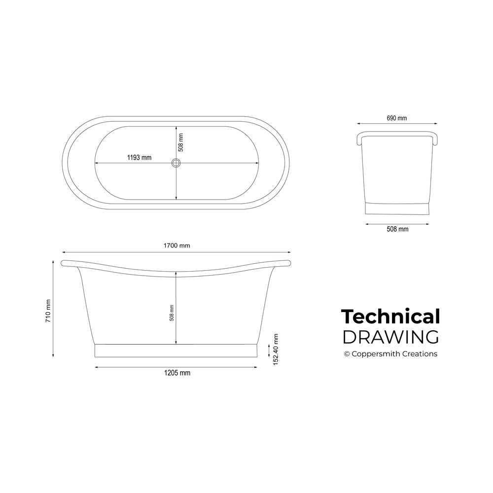 Straight Base Copper Bathtub Nickel Inside & Weathered Antique Finish Copper Outside