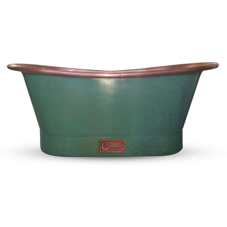 Straight Base Copper Bathtub Antique Copper Interior & Blue-Green Patina variant 2 Exterior Finish
