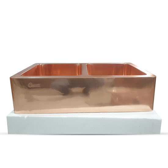 Double Bowl Copper Kitchen Sink Front Apron Smooth