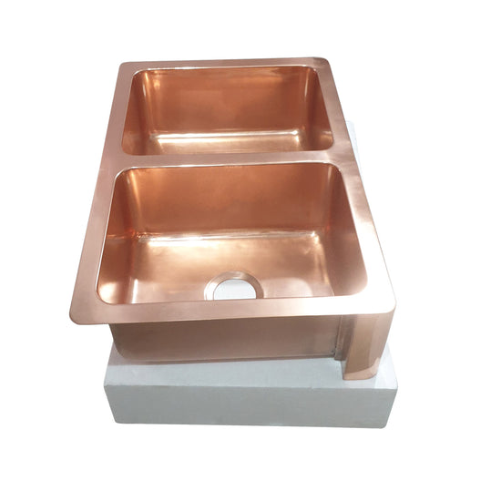 Double Bowl Copper Kitchen Sink Front Apron Smooth