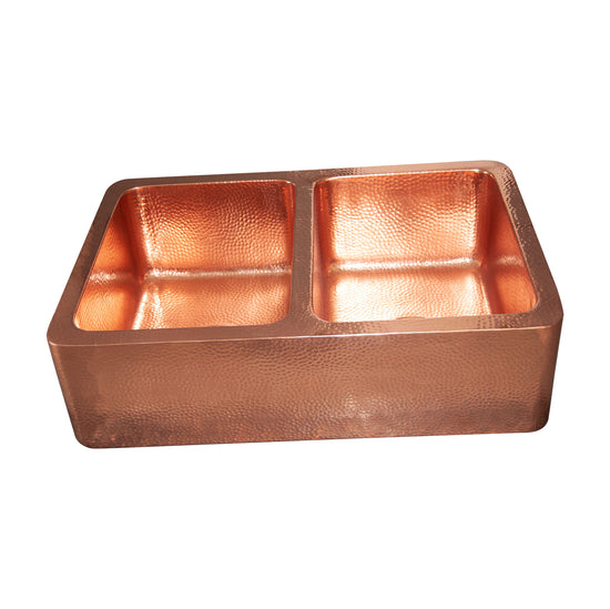 Double Bowl Copper Kitchen Sink Front Apron Hammered Shining Copper Finish