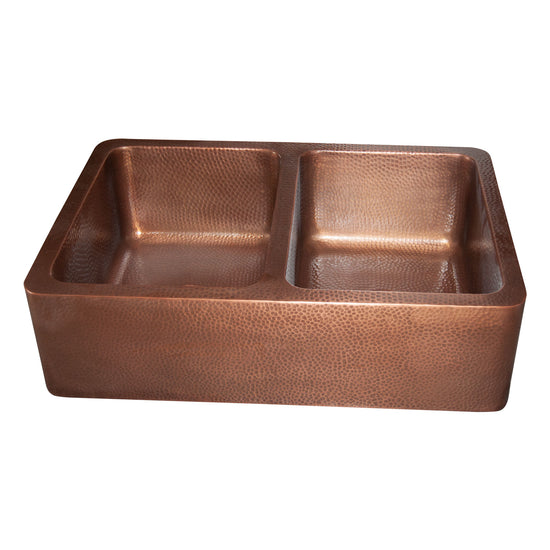 Double Bowl Copper Kitchen Sink Front Apron Hammered Antique Finish