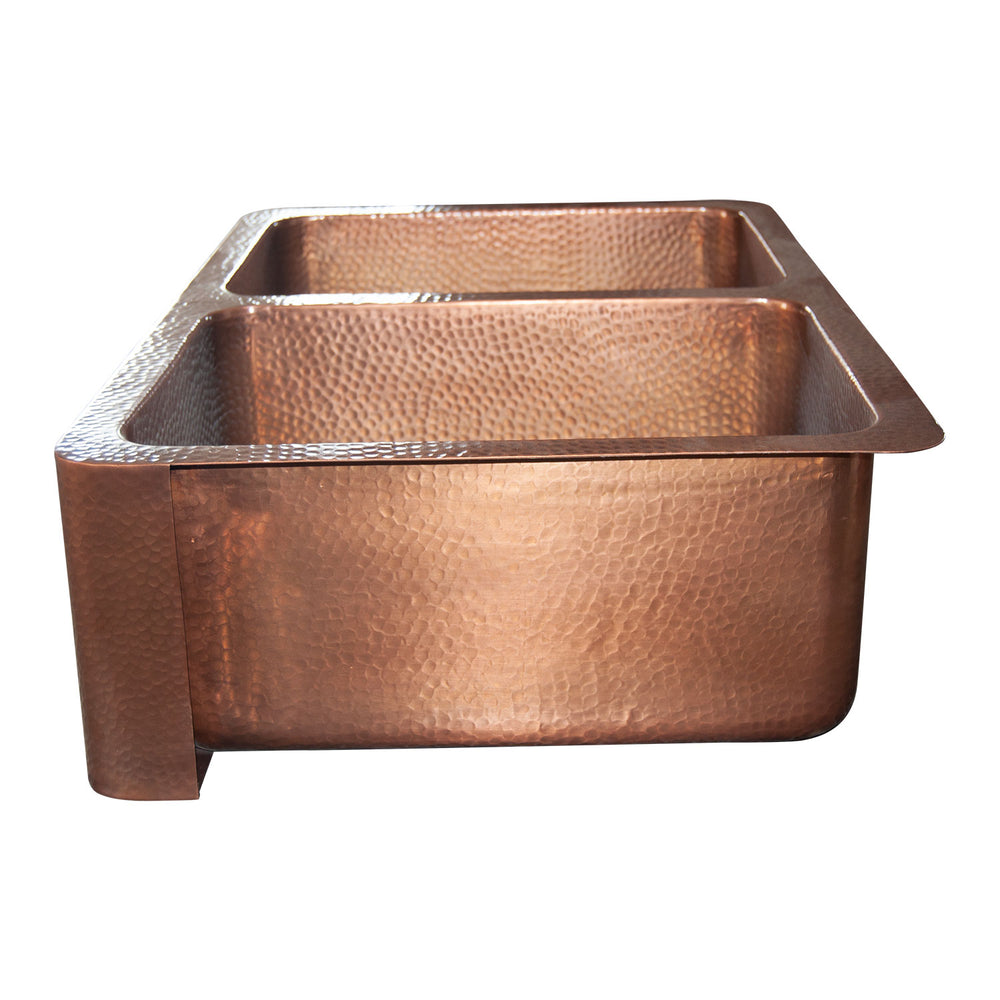 Double Bowl Copper Kitchen Sink Front Apron Hammered Antique Finish