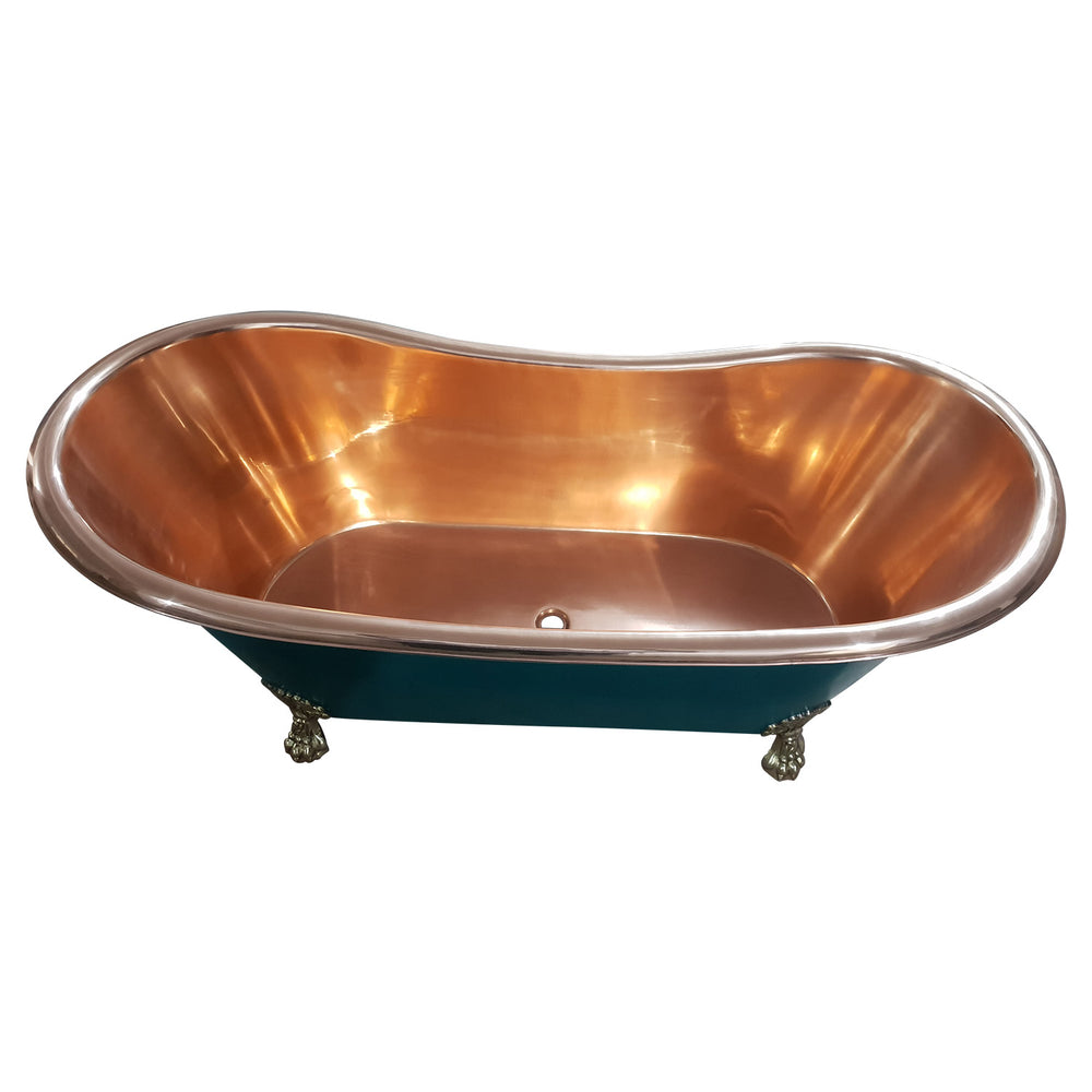 Copper Bathtub RAL 6004 Blue-Green Exterior & Brass Clawfoot Legs