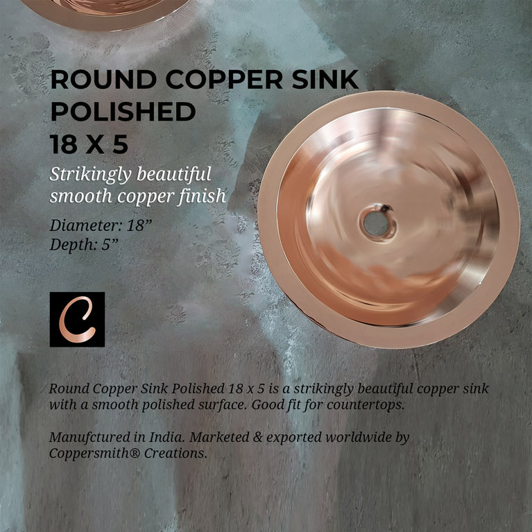 Round Copper Sink Polished 18 x 5
